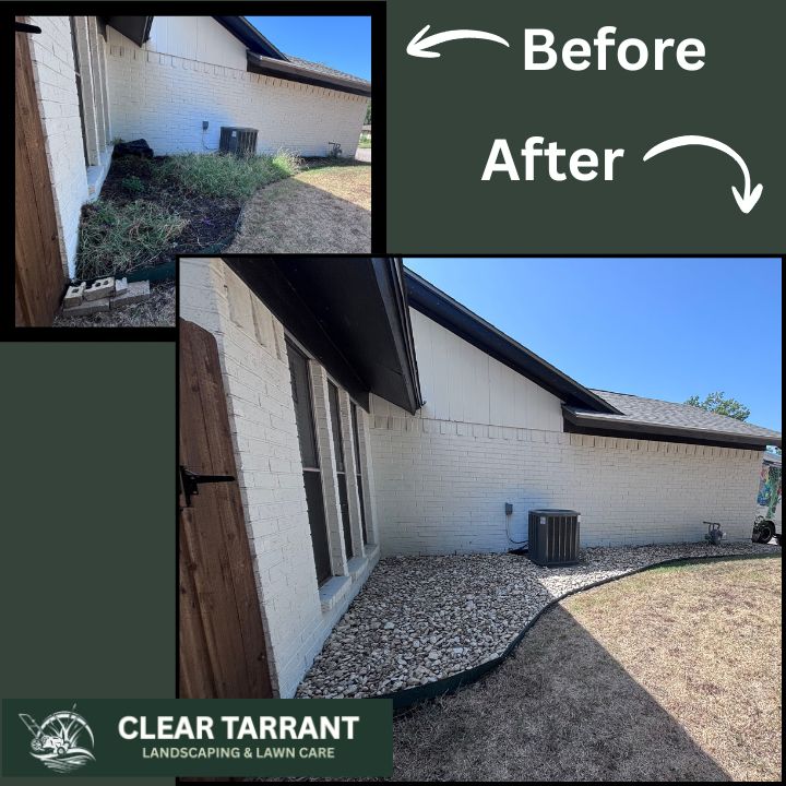 Before and after of an overgrown foundation bed replaced with river rock and steel edging beside a home in Arlington, TX